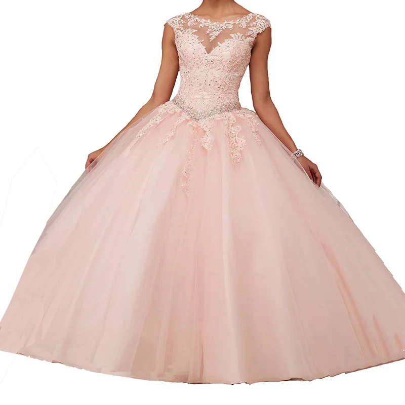 Bé Gái Sweet 16 Quinceanera Áo Mũ Tay Phối Ren Appliques Vũ Hội Đầm Hồng Công Chúa Bầu Cưới Dạ Hội Đảng Đồ Bầu