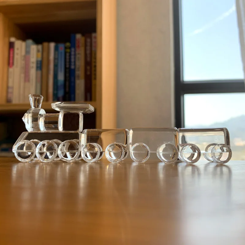 Crystal Train Figurine Glass Locomotive Train Ornament Craft Creative Moving Train Paperweight Home Decor Kids Christmas Gifts