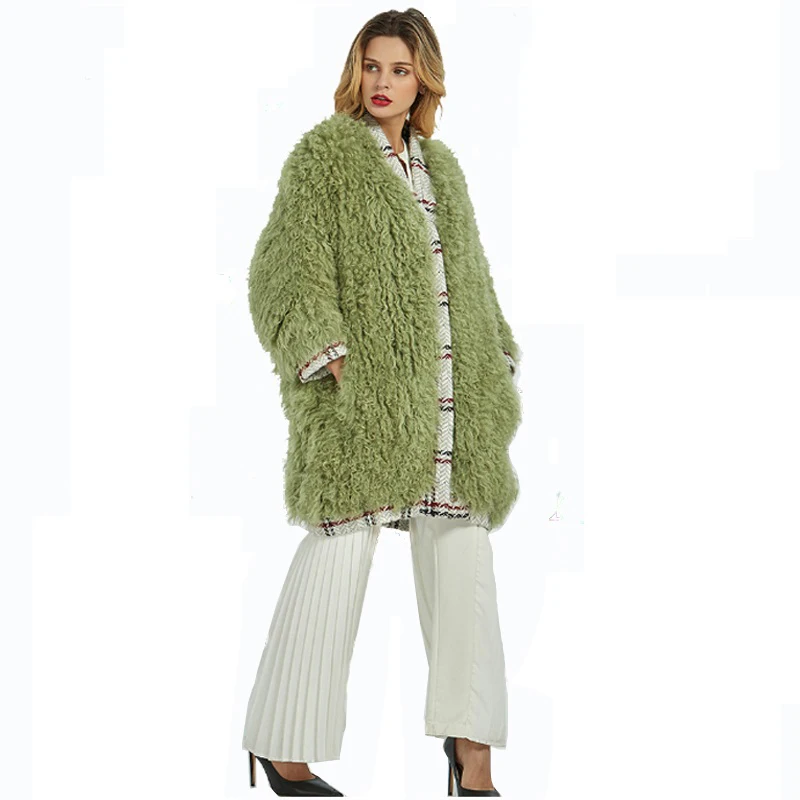 Natural fur knitted Mongolian sheep fur coat jacket overcoat women's winter warm fur coat with pocket 95cm extra longer size