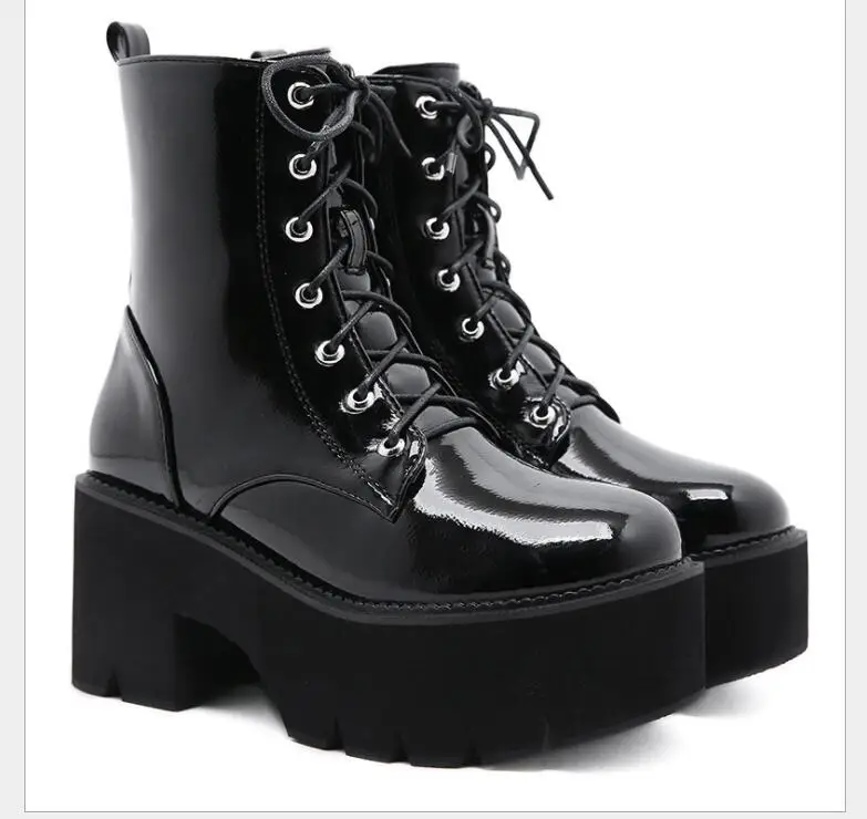 Classic Chunky Motorcycle Boots for Women Autumn Winter Boots Fashion Round Toe Lace-up Combat Boots Ladies High heels Shoes