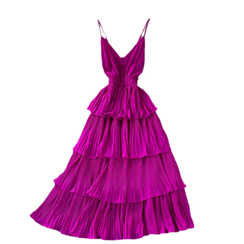 Summer Green/Pink/Red Pleated Spaghetti Strap Dress Women Sexy V-Neck High Waist Sleeveless Cascading Ruffle A-Line Draped Robe