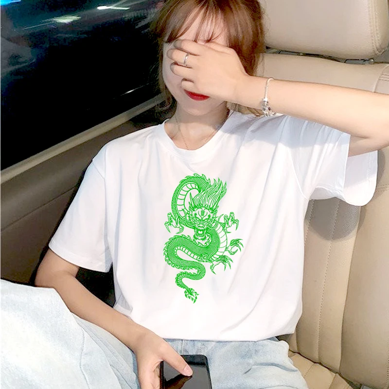 T-shirt con stampa drago cinese Vintage Ulzzang donna top T-shirt femminile Harajuku Streetwear o-collo Casual Ladies Tee Clothing