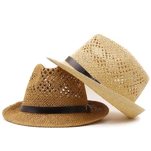 Imagen 2 del producto Sombrero Fedora de paja para hombre y mujer, visera ancha, sólido, Jazz, playa, Panamá, Verano