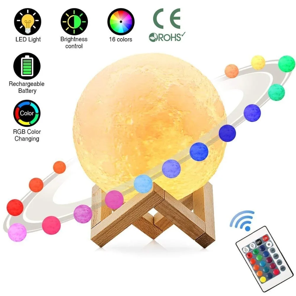Customized 3D Print Moon Lamp 2/16 Colors  Change USB Rechargeable Night Light Touch/Remote Control Valentine's Day Gift