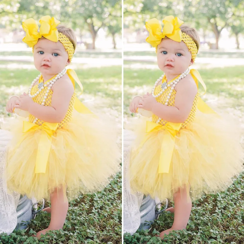 Cute Baby Girls Yellow Tutu Dress Infant Toddler Crochet Tulle Dress with Hairbow Set Children Birthday Party Costume Dresses