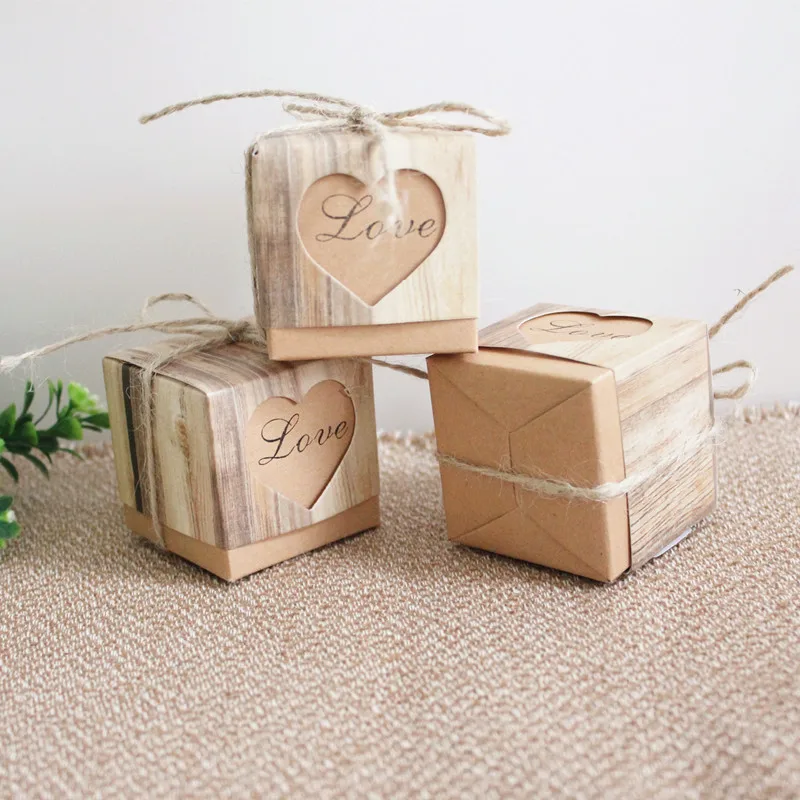 

10pcs Vintage Heart Kraft Candy Box Wedding Gifts for Guests with Rustic Burlap Twine Decoration Wedding Party Favors Supplies