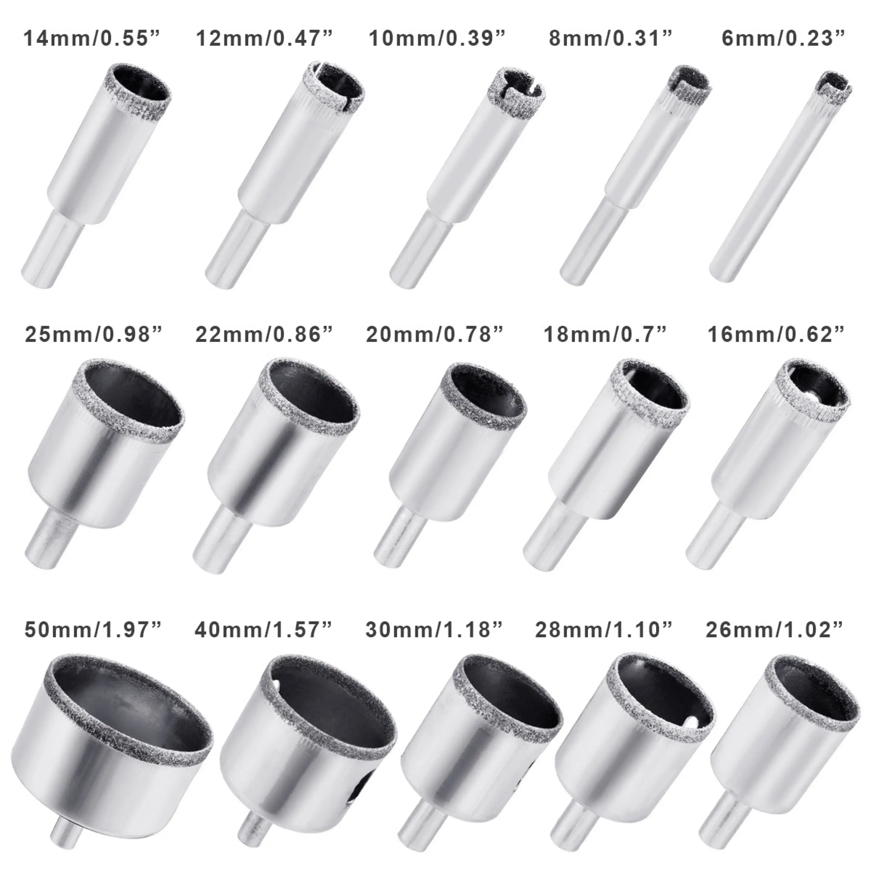 Diamond Coated Drill Bit Set, Tile, Marble, Glass, Ceramic Hole Saw, Drilling Bits for Power Tools, 6mm-50mm, 15Pcs