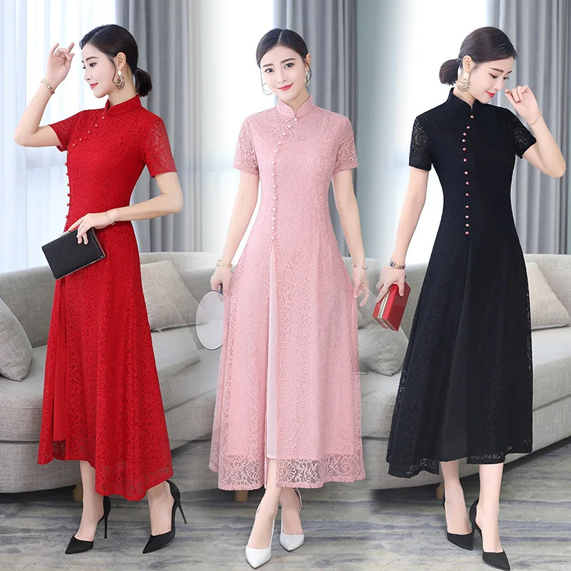 

Spring Summer Modern Cheongsam Women Ao Dai Lace Qipao Chinese Dress Long QiPao Party Vintage Elegant Dress High Quality Qipao