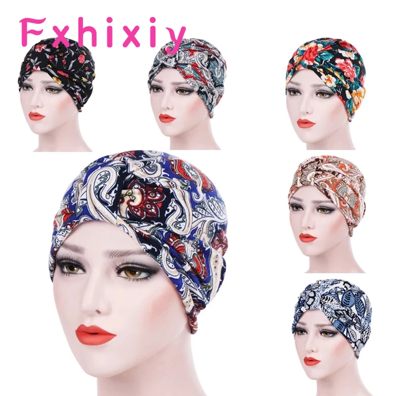 

New Women Print Flower Knot Cotton Ruffle Turban Hat Headwear Cancer Chemo Beanie Chemotherapy Cap Hairband