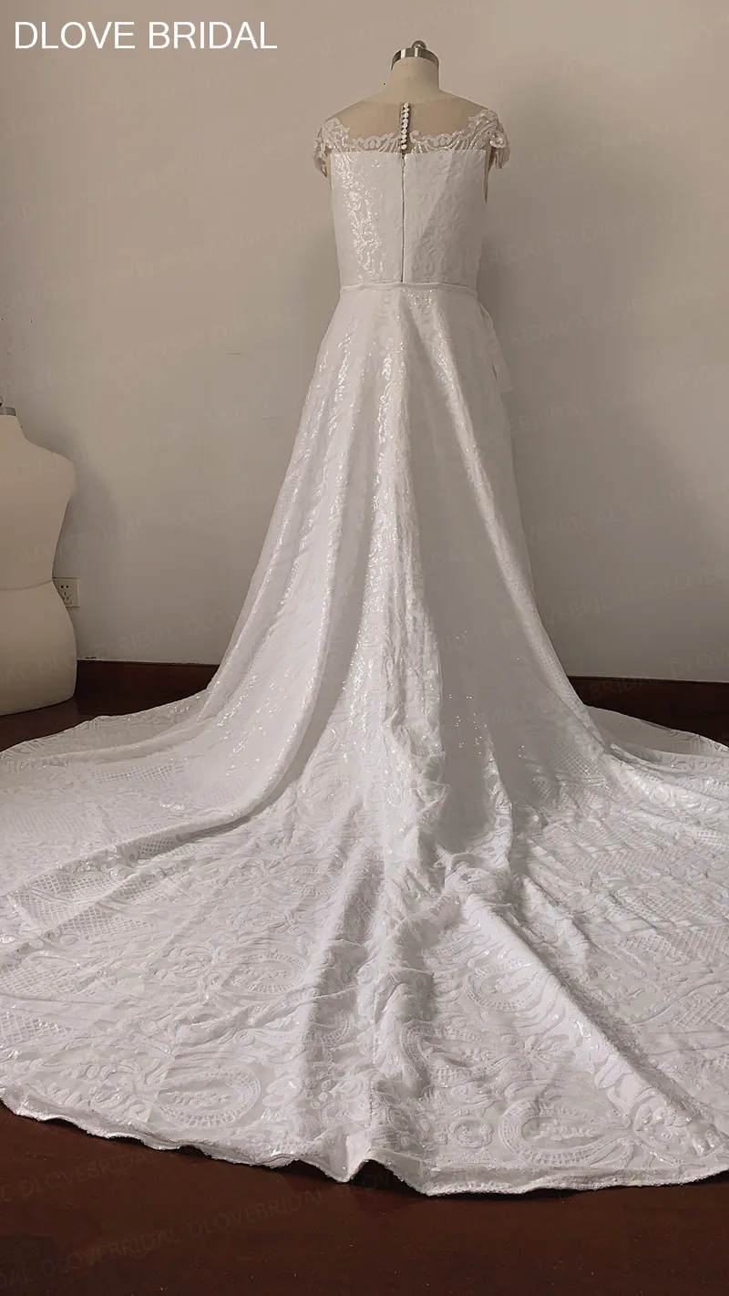 Lentejuelas maravillosas vestido de novia de encaje con tren largo desmontable