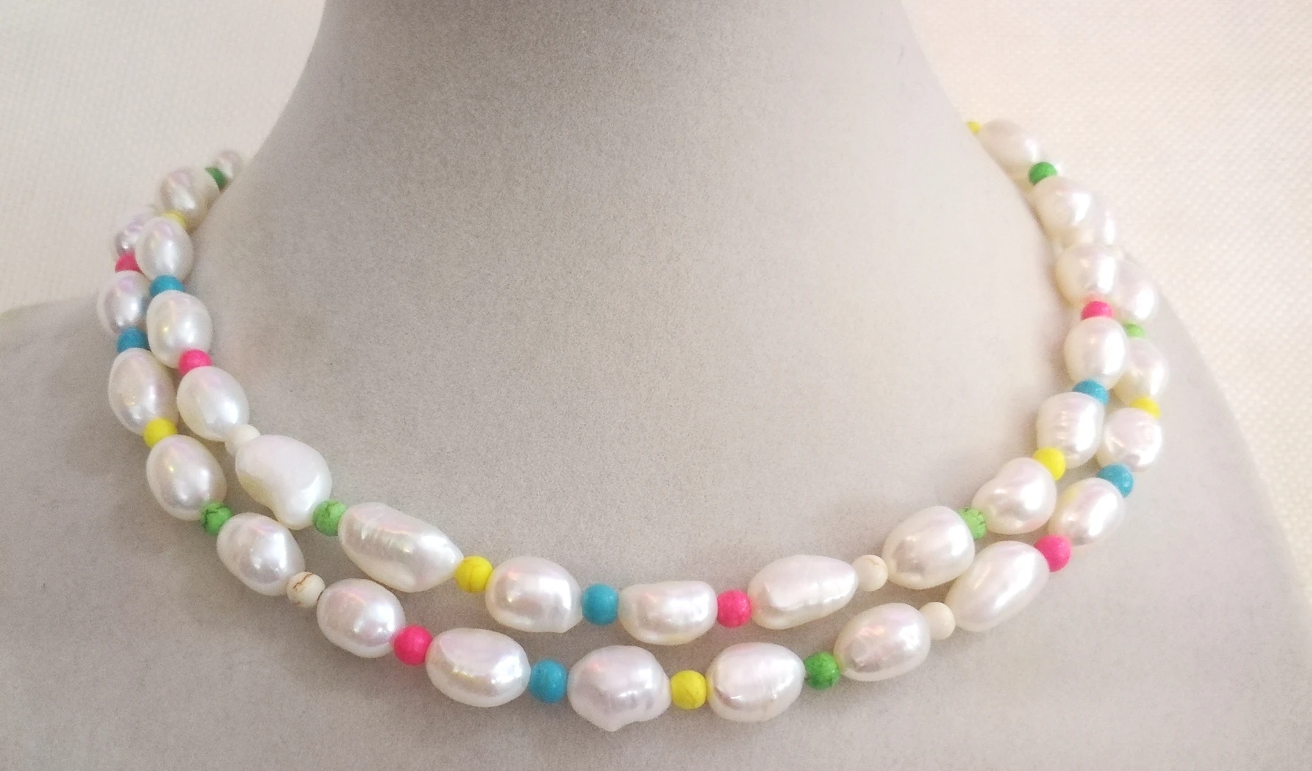 2 Rows 10mm white baroque pearl colorful stone mixed choker necklace Natural freshwater pearl Women Jewelry 35-42cm 14-17''