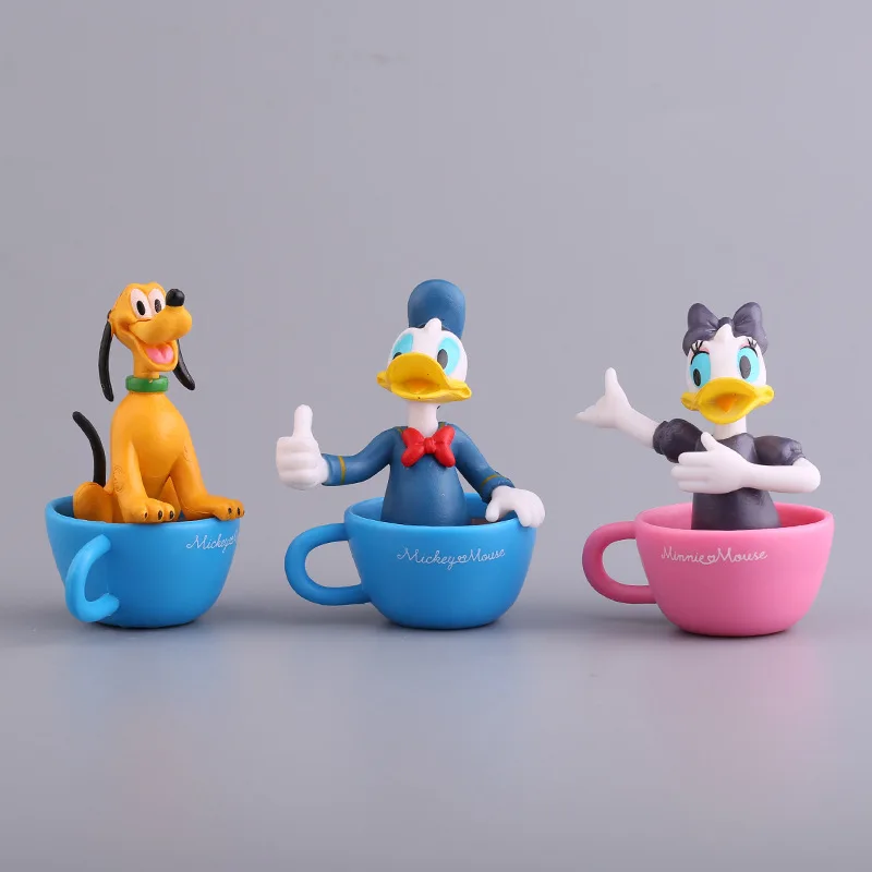 6PCS Set Disney Figure Toys Mickey Mouse Minnie Donald Duck With Cup Cute Ornaments Birthday Gifts