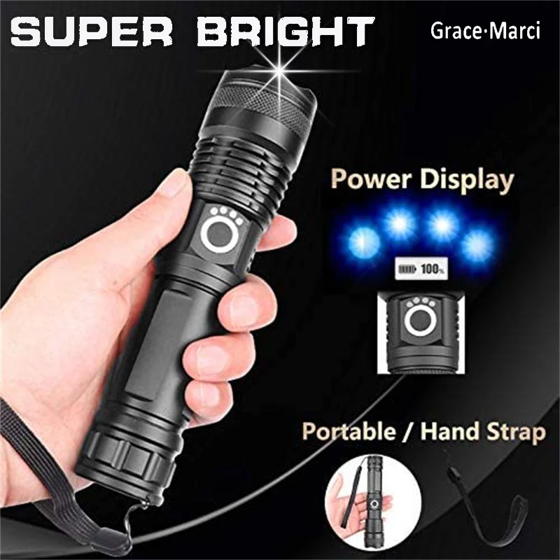 XHP-50 LED Flashlight Indicator Zoom Tactical Light USB Rechargeable Flashlight Powerful 10w 5-Mode Lantern For Camping Hunting