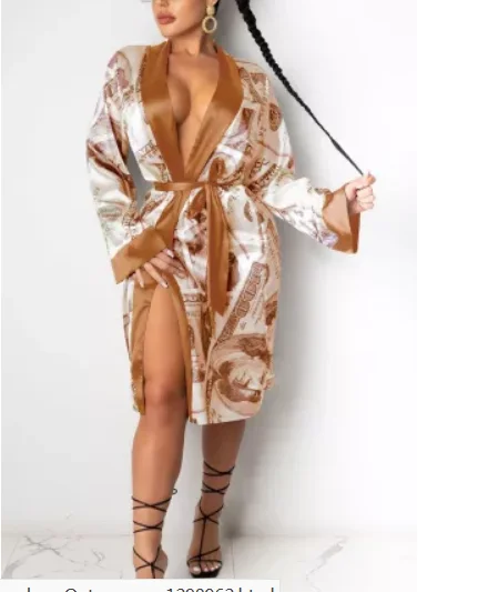 Hot Selling New Fashion Women Ladies Satin Silk Robes Trendy Dollar Print Long Sleeve Silky Kimono Bathrobe Sleepwear with Belt