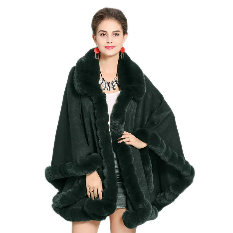 Fashion Handwork Faux Rex Rabbit Fur Coat Cape Women Winter Big Long Knit Cashmere Shawl Full Trim Cloak Lapel Overcoat