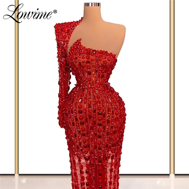 

Lowime Beading One Shoulder Dubai Evening Dresses Muslim Arabic Engagement Party Dress 2021 Dubai Mermaid Wedding Party Gowns