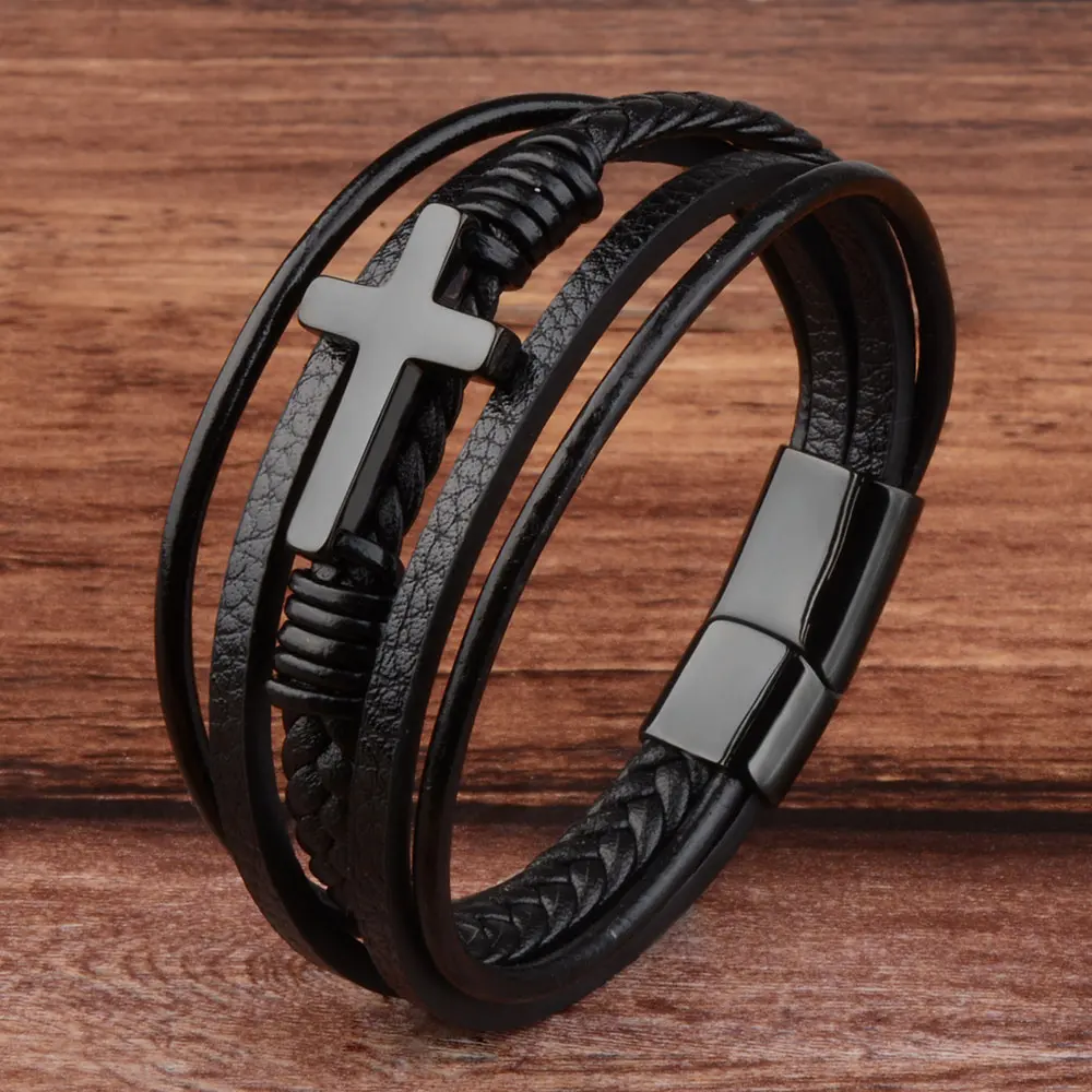 Classic Design Cross Bracelets Men Genuine Leather Stainless Steel Magnet Clasp Charms Hand Bracelet Homme Men's Christmas Gifts