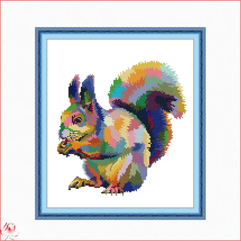 Color Squirrel Cross Stitch Kit 14ct 11ct Printed Fabric Animals Embroidery Kit DIY Handmade Needlework Home Decoration Craft