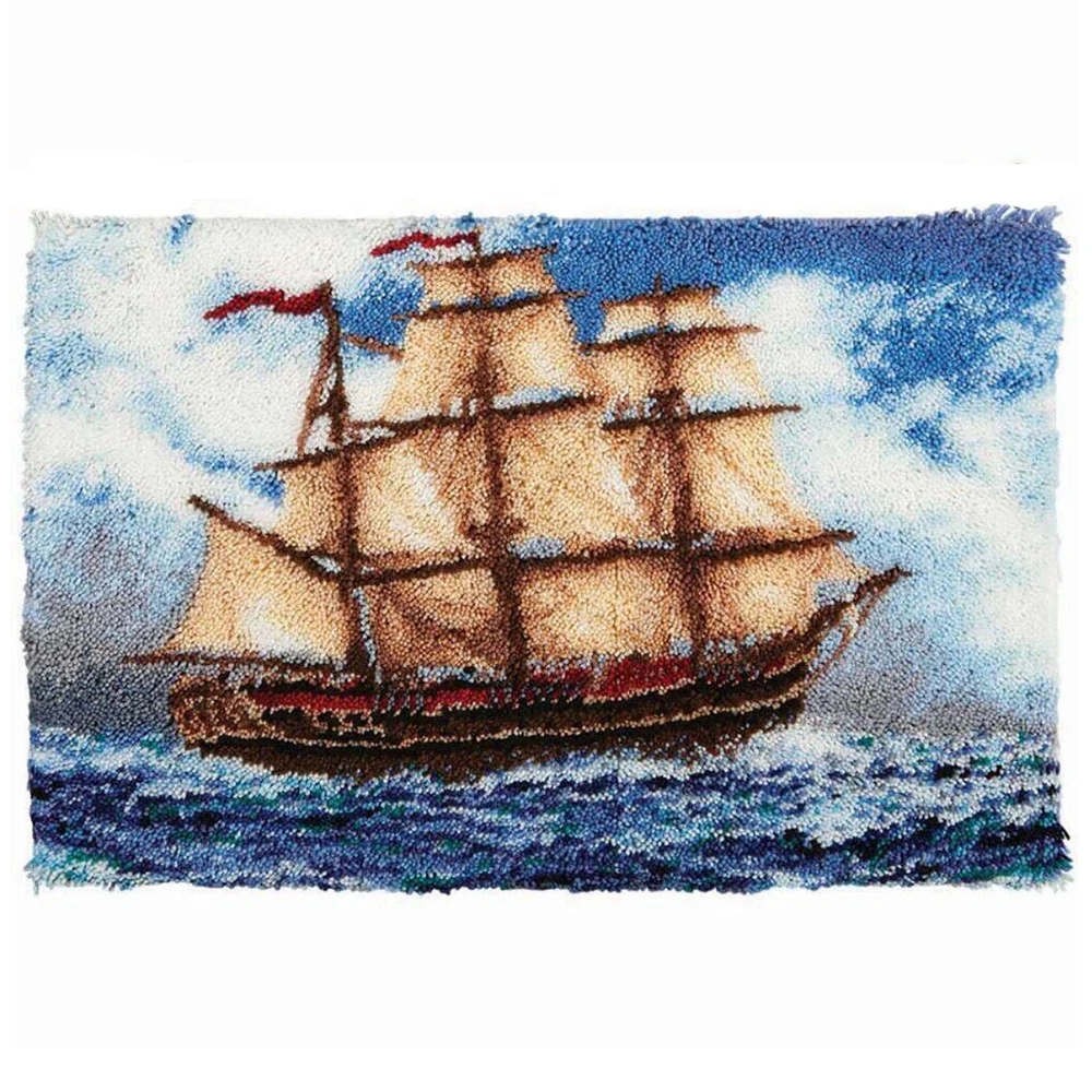 

New Latch Hook Kit Rug Sailboat Pattern Printed Sewing Kit Classic Crochet Needlework Craft Shaggy Rug Cute Carpet for Kids