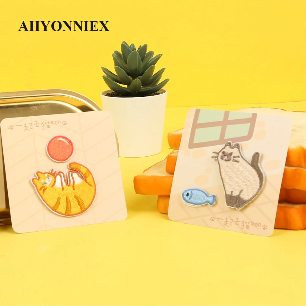 AHYONNIEX Embroidery Cat Patch Iron On Patches for Clothing Jeans Bags Sewing Applique Cute Animal Parches DIY Clothes Stickers