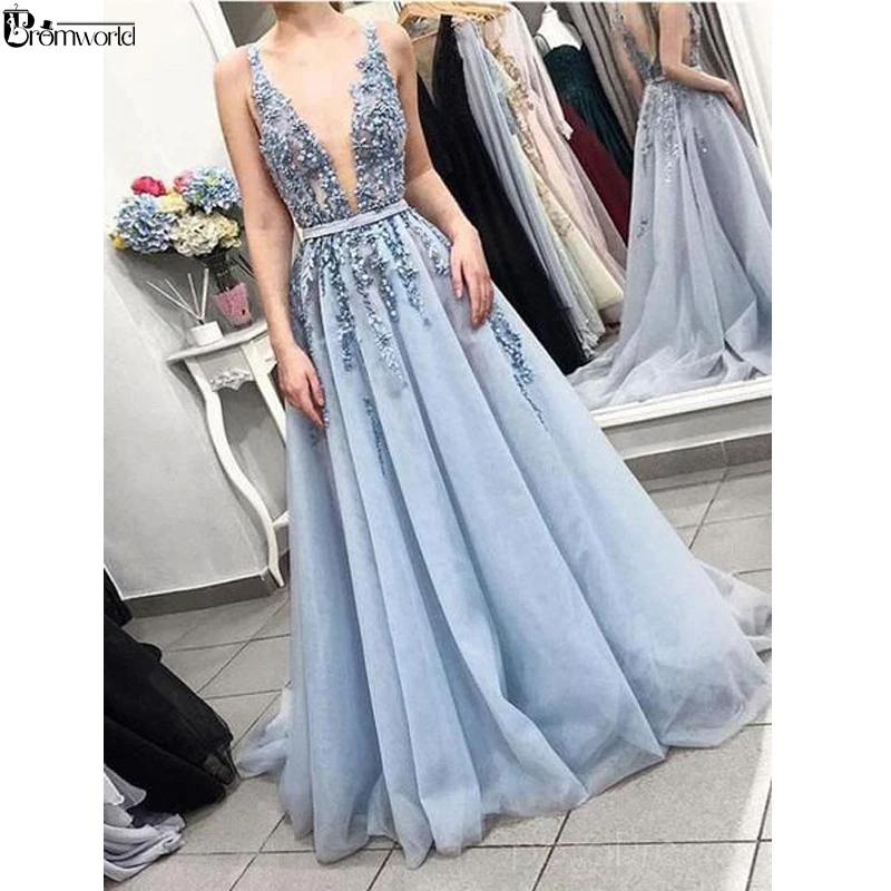 

Sexy V-Neck Appliques Lace Beading Blue Prom Dresses Long 2021 Backless Tulle A-line Evening Dress Vestido De Festa Longo