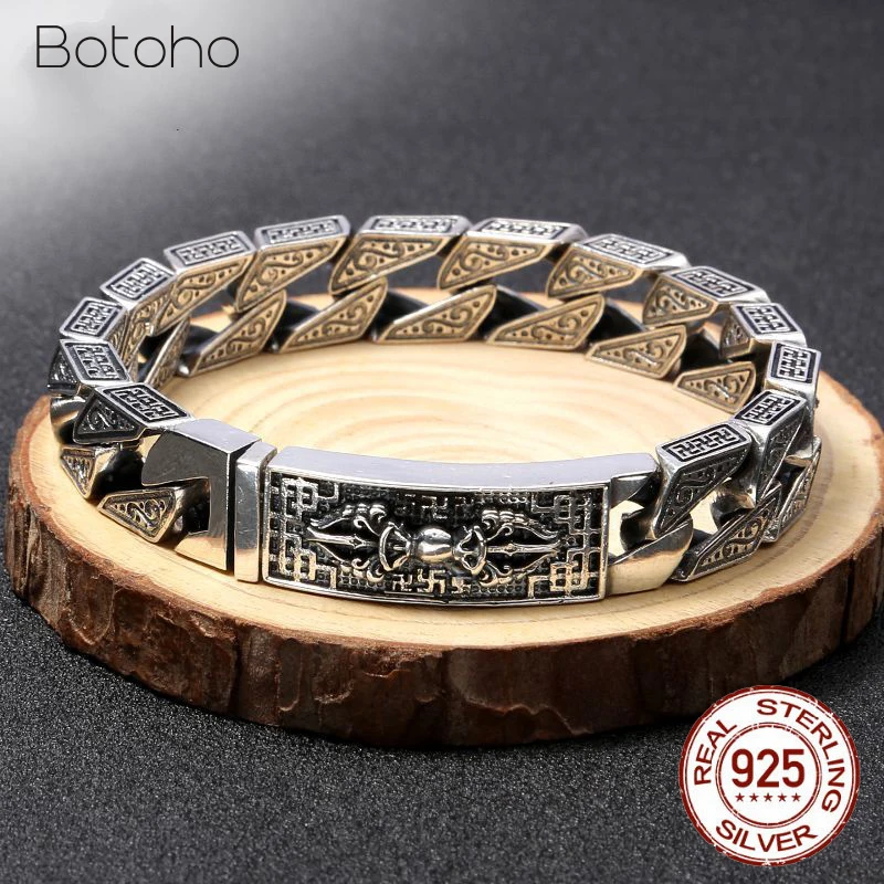 

925 Sterling Silver Vajra Bracelet for Men Retro Six Word's Wide 12mm Man Bracelets Heavy Thai Silver Fashion Jewelry Gifts