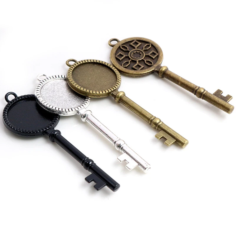 5pcs 20mm Inner Size Antique Silver Plated Bronze Black Key Style Cabochon Base Setting Charms Pendant