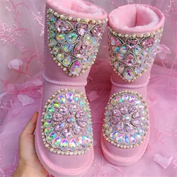 Sweet Pink Gemstone Pearl Beads Snow Boots Ladies Bling Diamond Flat Warm Plush Slip On Winter Booties