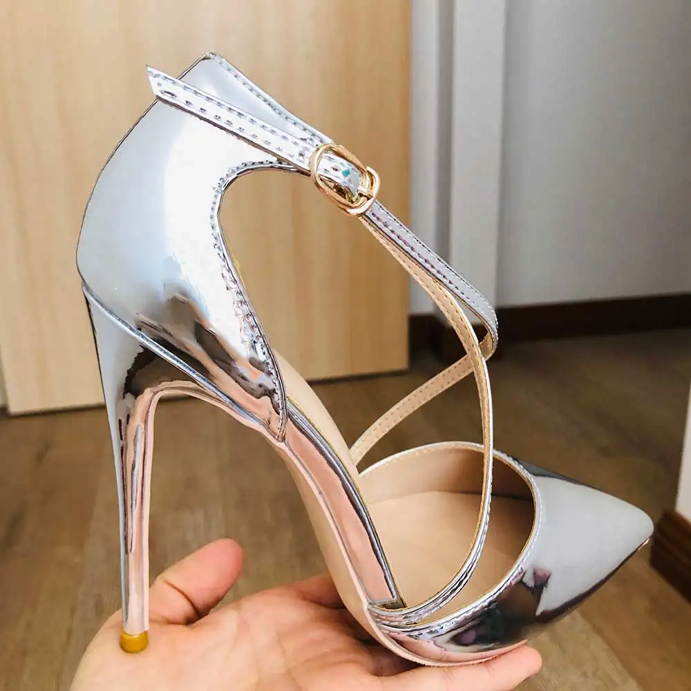 Tikicup Shiny Silver Women Cross Ankle Strap Stiletto Pumps Pointed Toe Sparkly Stiletto High Heels Wedding Bridal Shoes