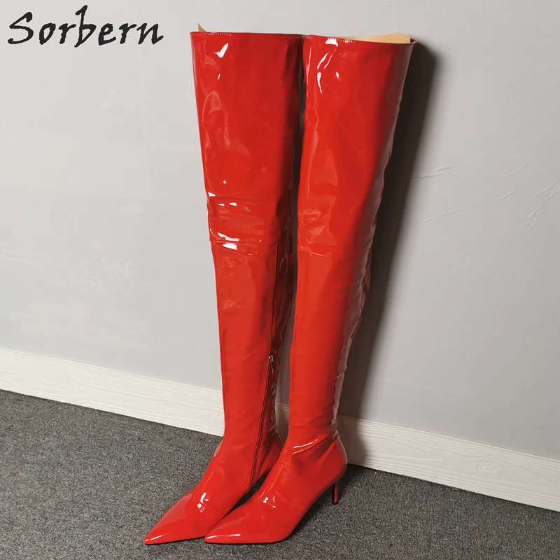 Sorbern 7.5Cm Kitten Heel Women Boots Over The Knee Stilettos Custom Leg Half Zip Side Boots Patent Leather More Colors