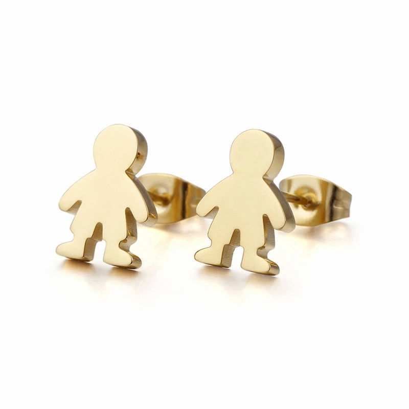 New Peru Lima Gold Color Boy Girl Charm Stud Earrings For Women Zircon & Stainless Steel Cartoon Figure Earrings Jewelry