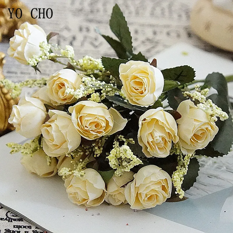 YO CHO Artificial Silk Roses Bouquet Fake Flowers Fabric Flores for Wedding Home DIY Decor Table Flannelette Rose 15Heads Autumn