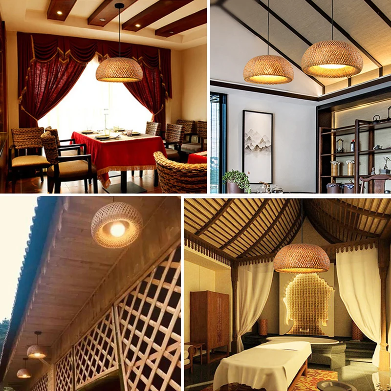 LEDLighting Rattan Lamp Handmade Bamboo Chandelier Retro Cafe Bar Lounge For Garden Restaurant Bedroom E27 Pendant Lamp Lighting