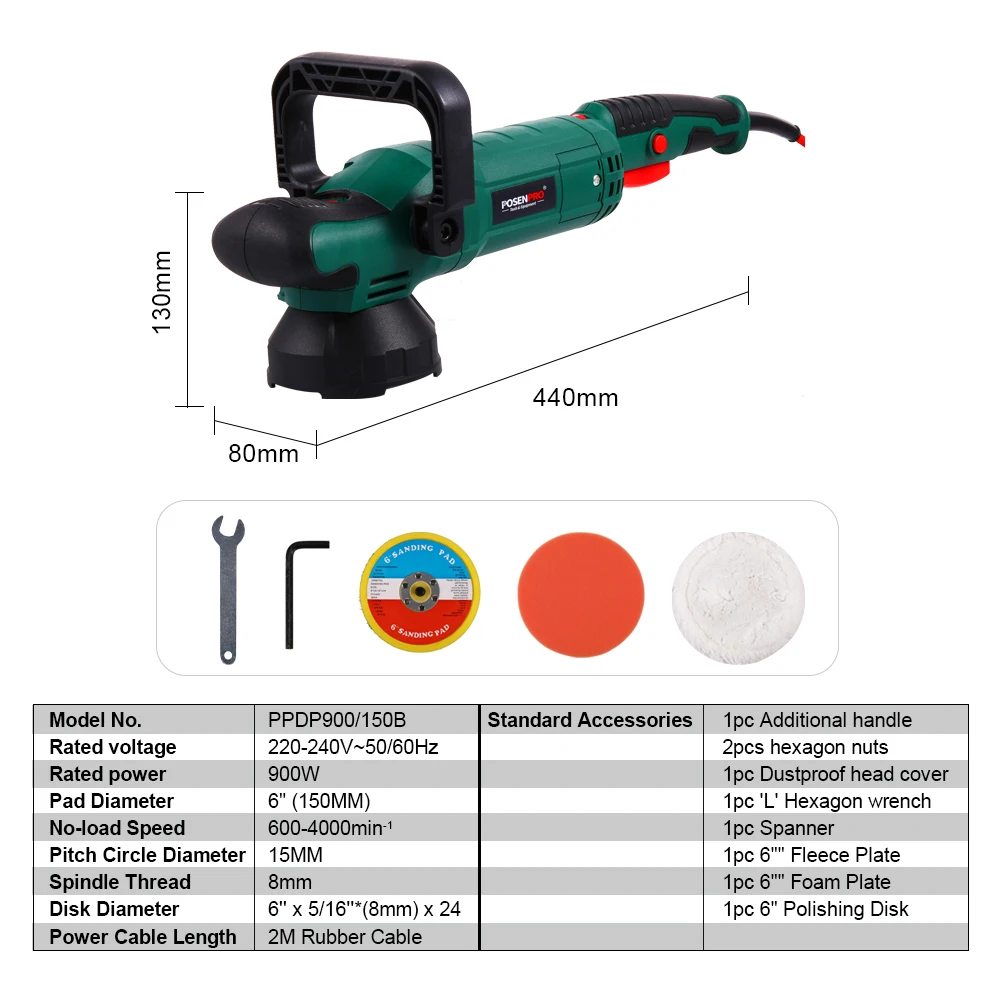 POSENPRO 150mm Dual Action Polisher 900W Variable Speed Orbit Electric Polisher Shock and Polishing Machine Cleaner Pad