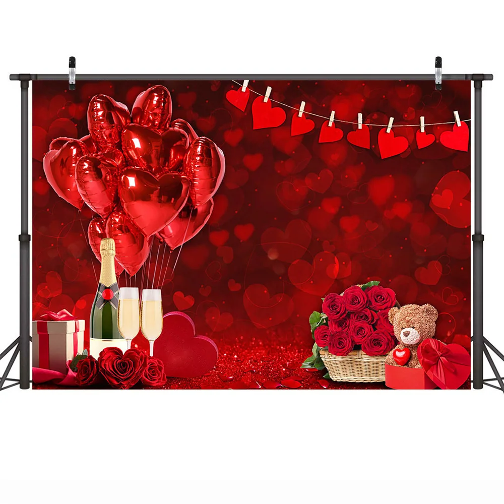 Red Bokeh Valentine's Day Backdrop Rose Love Balloons Bear Toys Portrait Photography Gift Champagne Wedding Background Photocall