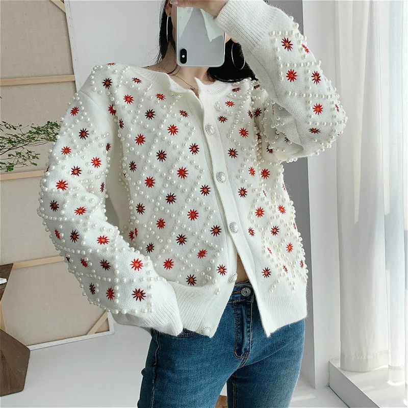 New Arrival Autumn Winter Women Cardigans Sweaters Knitted Christmas Sweater Tops High Quality Pearl beaded Cardigans Feminino