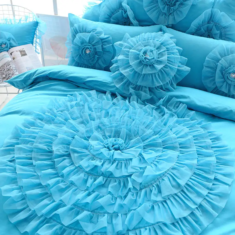 Luxury Princess Bedding Sets Korean Style Blue Lace Flowers Duvet Cover Bed Skirt Bedspreads Cotton Solid Color Home Textile