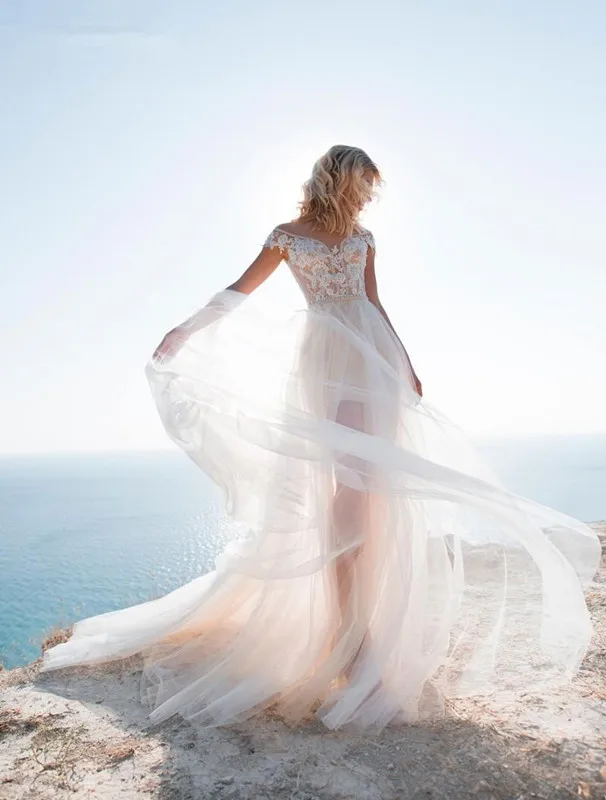 DREAM-vestidos de novia cortos de playa personalizados, 2 piezas, tren desmontable, apliques de cuentas, vestido de novia de encaje, manga casquillo personalizada