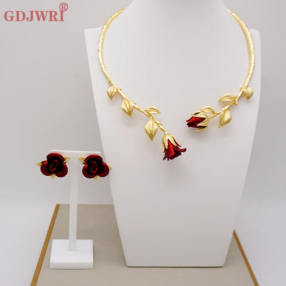 Fine Romantic Dubai Gold Color Plated Jewelry Set Rose Necklace Eearrings For Woman Wedding Banquet Gift Jewellery Set