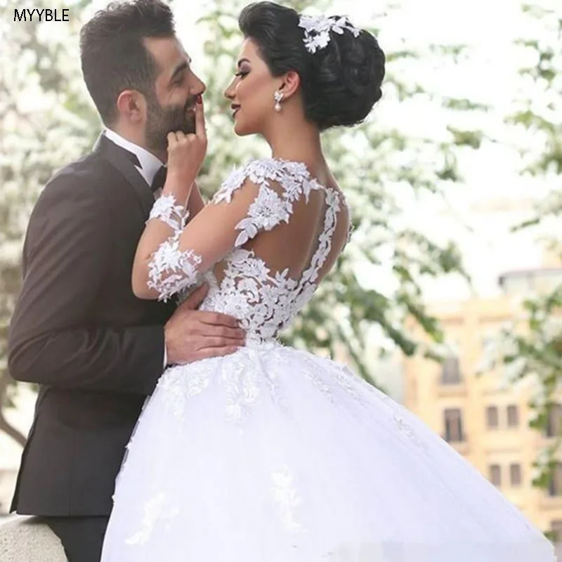 Customized Vestido de novia de manga larga con apliques de encaje largo hasta el suelo vestido de novia de tren de corte vestid