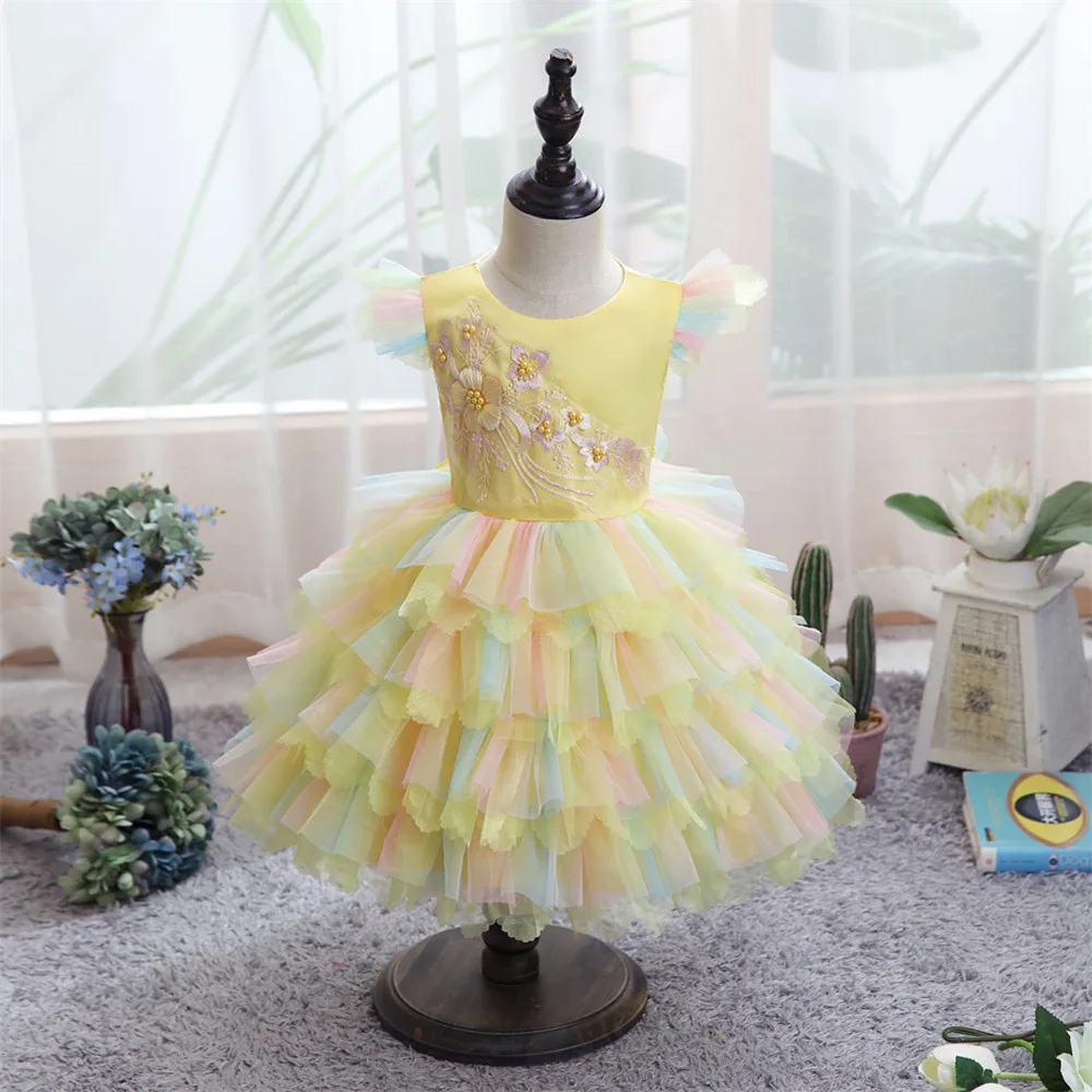 Robes de princesse d'anniversaire pour filles, en Tulle, à fleurs, arc-en-ciel, en dentelle, avec nœud papillon, robe de bal pour filles de 0 à 4 ans, bleu