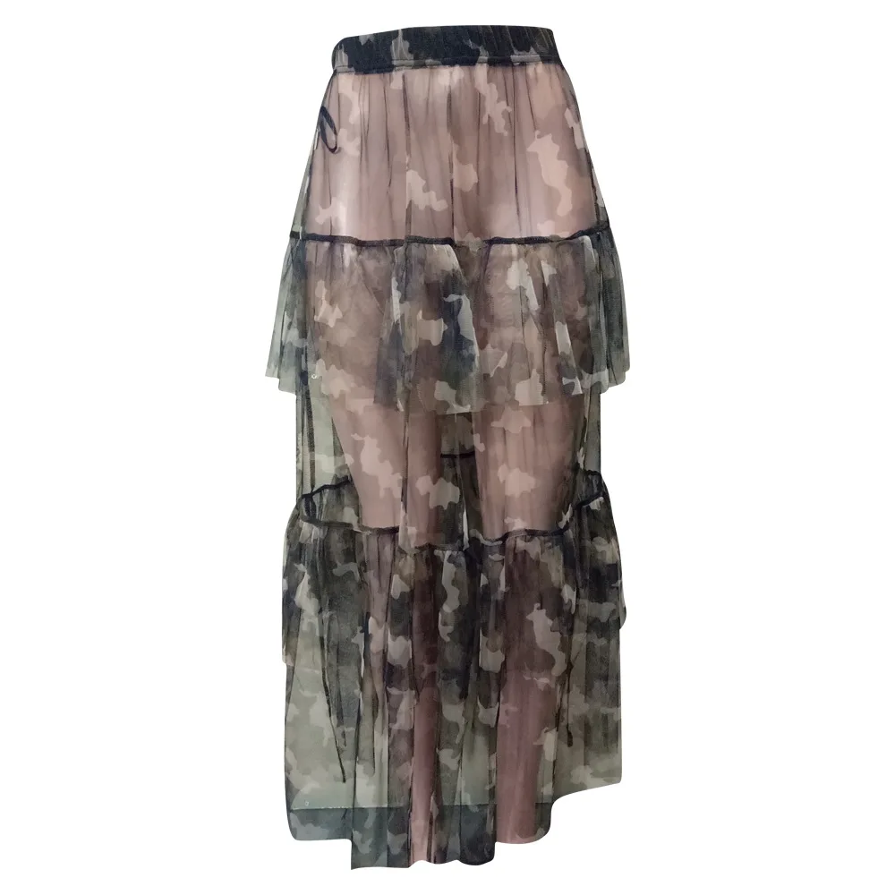 SKMY Skirts Womens 2024 Fashion Camouflage Leopard Print Summer Beach Cover Up Mesh See-Through Long Tulle Layered Maxi Skirt