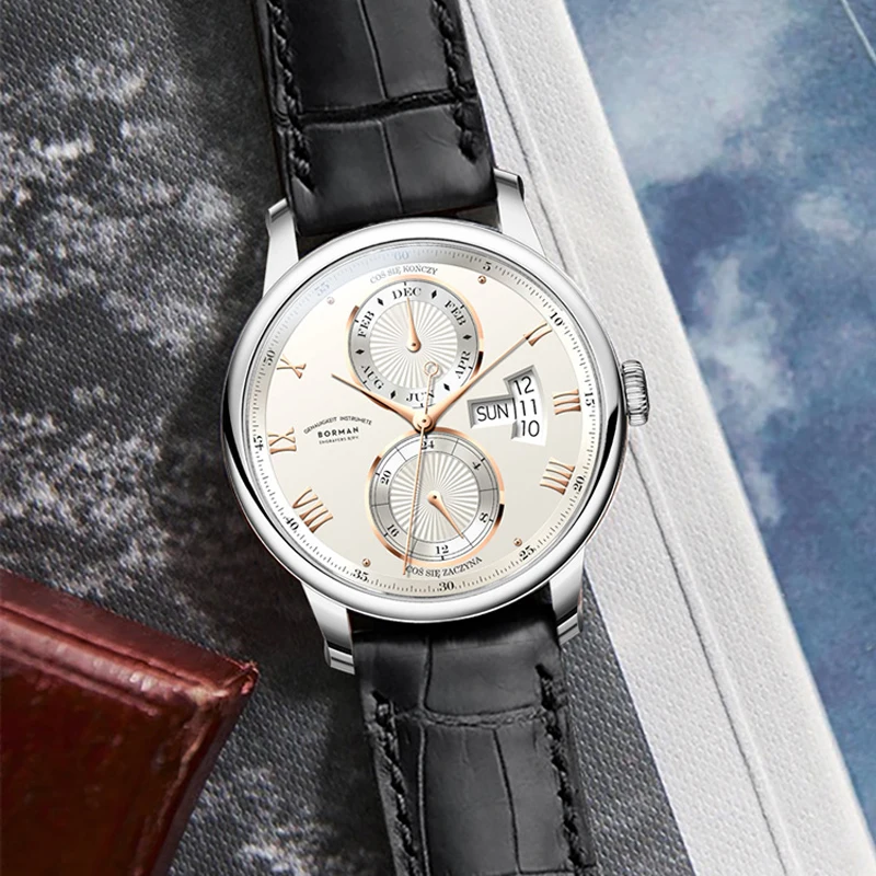 BORMAN 316L Stainless Steel Mens Watches Retro Men Mechanical Automatic Watches Multifunction Sapphire Glass Waterproof Watches