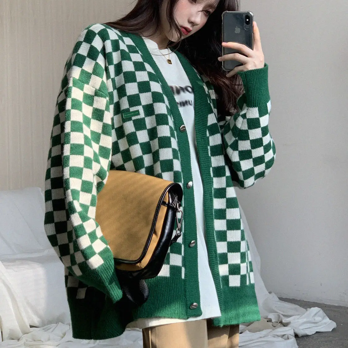 Checkerboard Cổ Tim Nữ Dài Tay Áo Len Dệt Kim Nữ Hàn Quốc Hồng Áo Len Cardigan Nữ Áo Có Nút Bấm