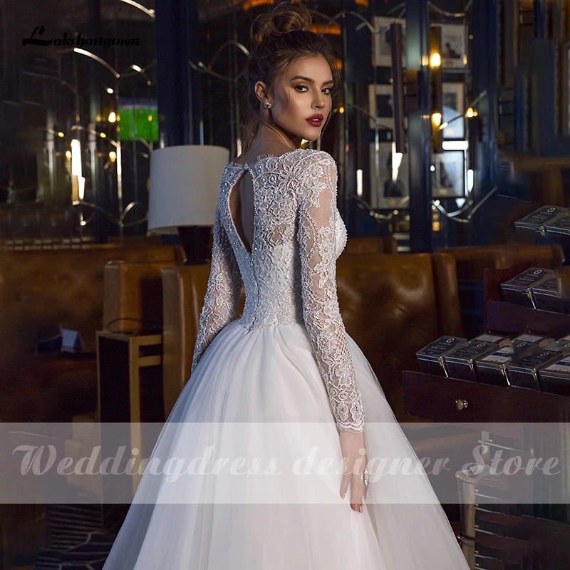 Lakshmigown A-lijn Bruidsjurk Met Lange Mouw Luxe Kralen Kant Applicaties Sexy Tulle Prinses Bruid Toga Vestido De Noiva