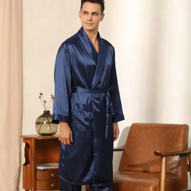 Navy Blue Men 2PCS Pajamas Suit Long Sleeve Home Clothing Intimate Lingerie Casual Satin Nightwear Spring Summer New Pyjamas