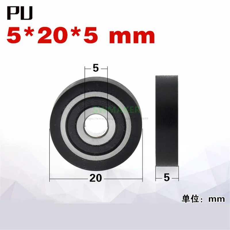 1pcs 5*20*5mm M5 M6 black soft rubber 625 bearing pulley, silent guide wheel, driven wheel for sorter / drawer