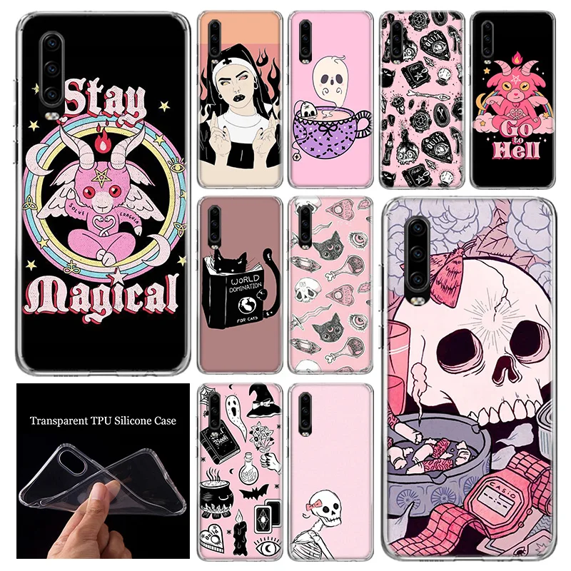 Pink Cat Skull Sorceress Witch Phone Case Cover For Huawei P50 P40 P30 Lite P20 Pro P10 Lite P Smart Z 2019 Shell Coque Funda