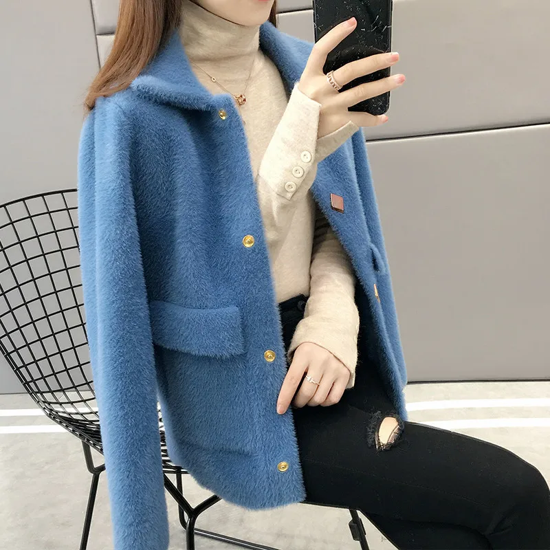 Koreaanse Winter Vrouwen Faux Nertsen Kasjmier Wollen Jas Dames Vest 4 Kleur Lange Mouw Grote Zak Dikke Korte Bovenkleding Vrouwelijke