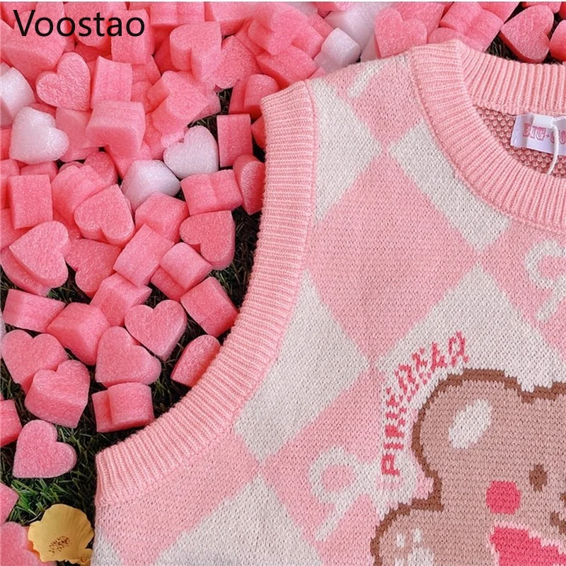 Japanese Cute Lolita Bow Baby Bear Jacquard Knitted Pullovers Spring Autumn Women Loose JK Sweater Vest Girly Sweet Waistcoat